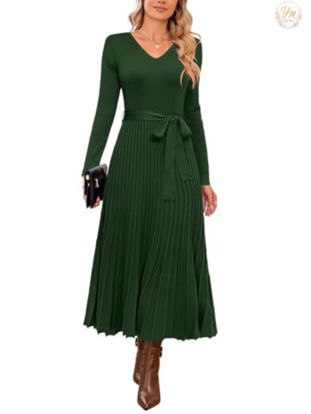 Wool Blend Long Sleeve V-Neck Midi Sweater Dress Tie Waist A-Line